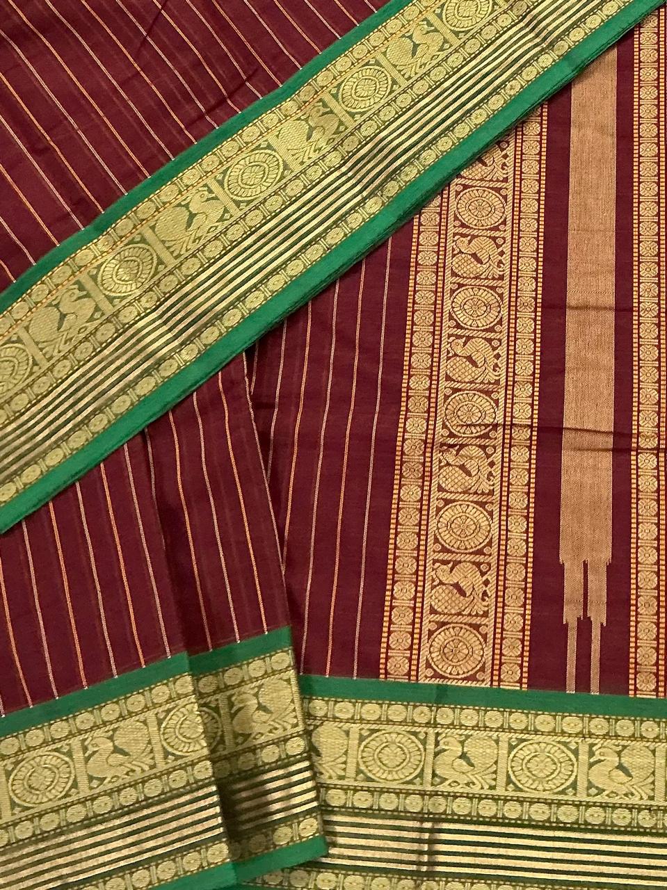 Handwoven Kanchi cotton : Deep Maroon (Vertical Stripes)