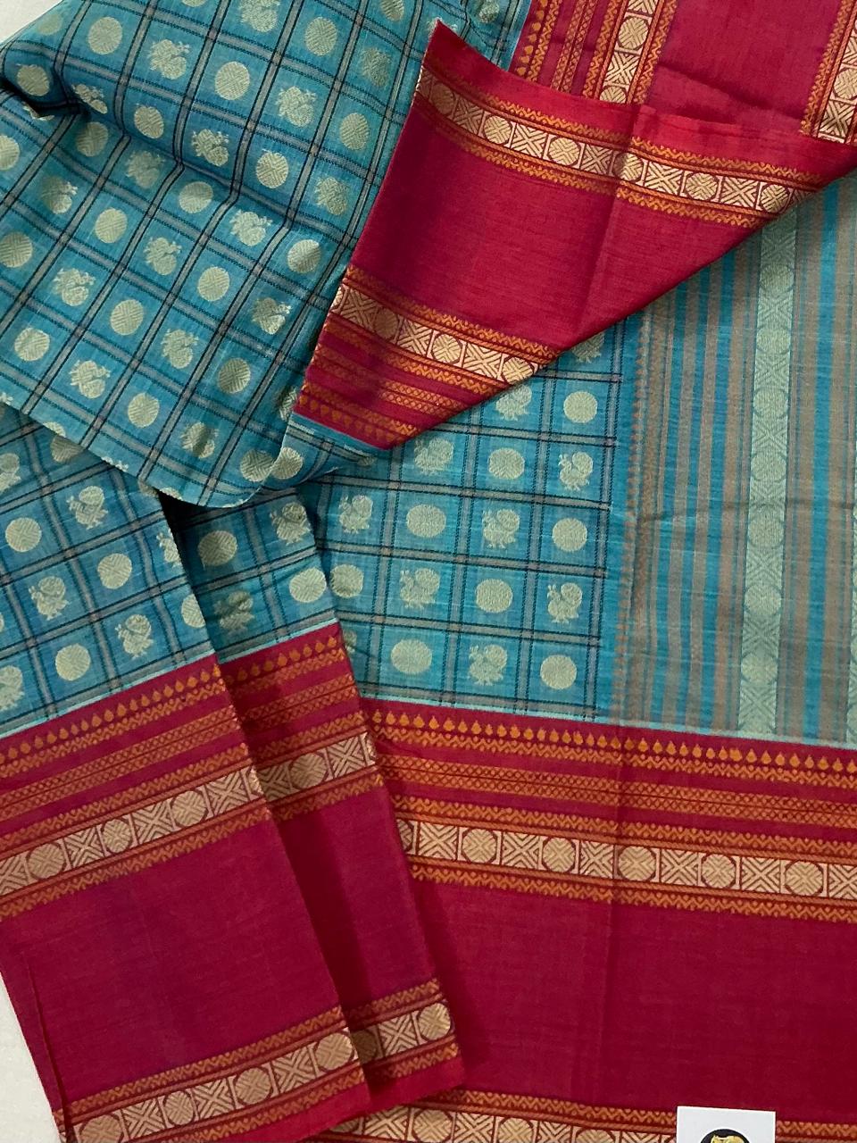 Handwoven Kanchi cotton : Blue &amp; Red (1000 Butta)
