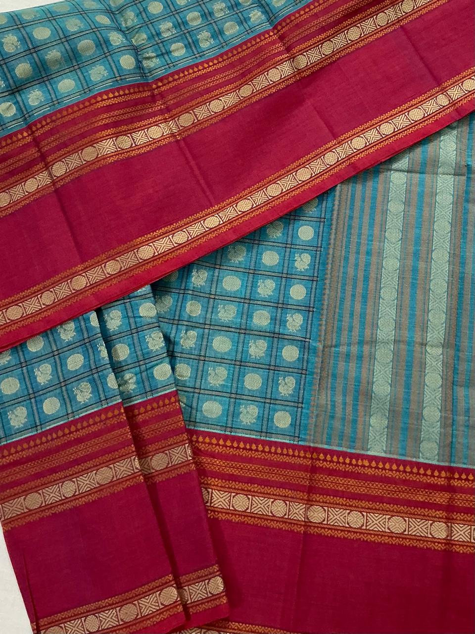Handwoven Kanchi cotton : Blue &amp; Red (1000 Butta)