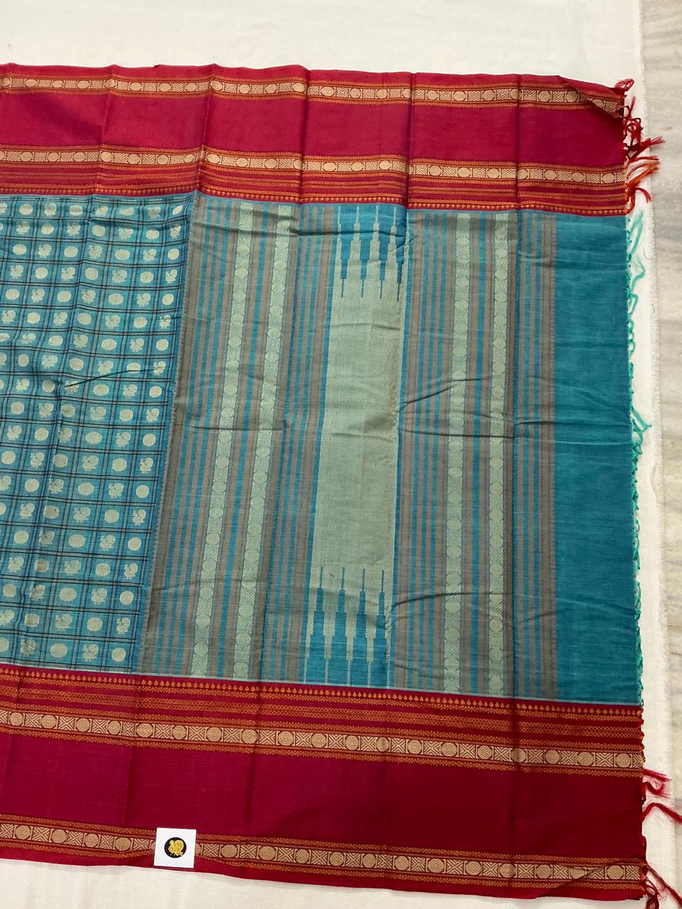 Handwoven Kanchi cotton : Blue &amp; Red (1000 Butta)