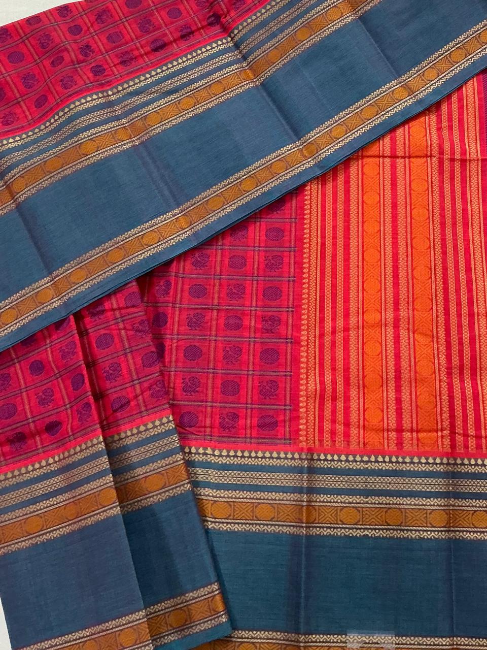 Handwoven Kanchi cotton : Kanakambaram &amp; Blue (1000 Butta)