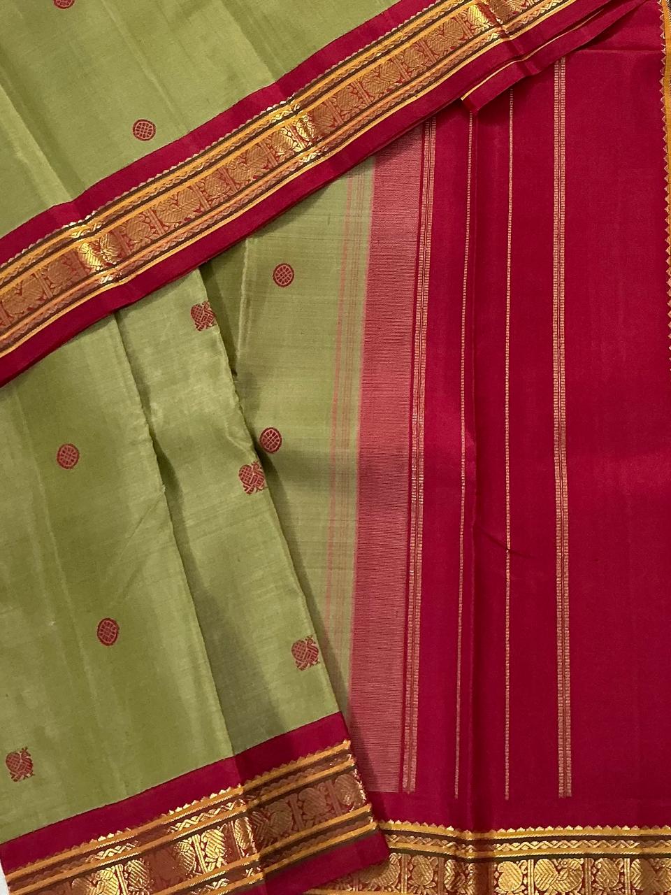 MAATHEY: Small border Kanjivaram Silk (Olive Green + Arakku)