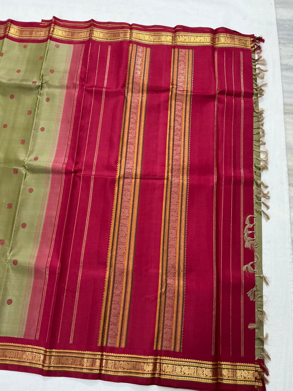 MAATHEY: Small border Kanjivaram Silk (Olive Green + Arakku)