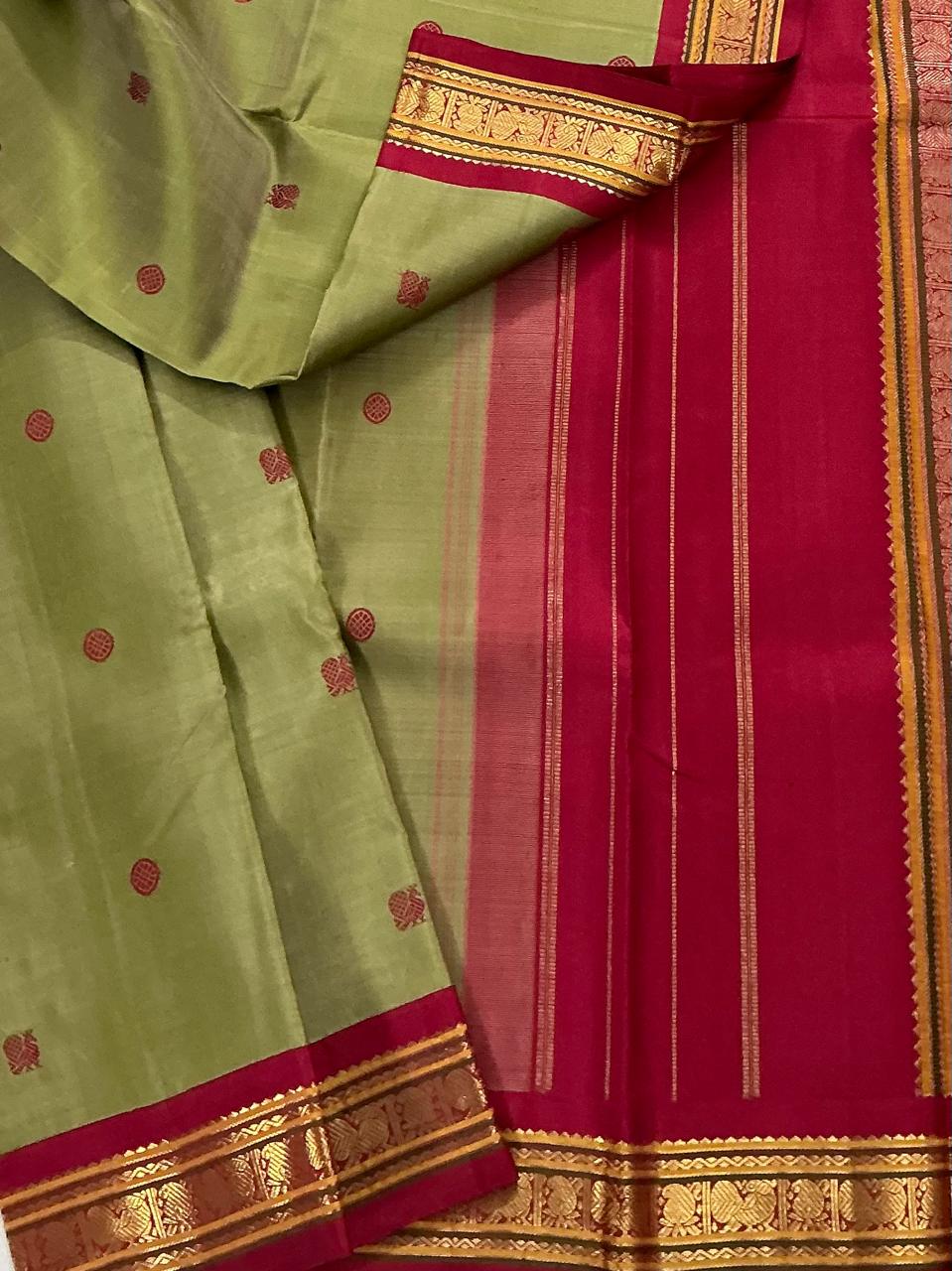 MAATHEY: Small border Kanjivaram Silk (Olive Green + Arakku)