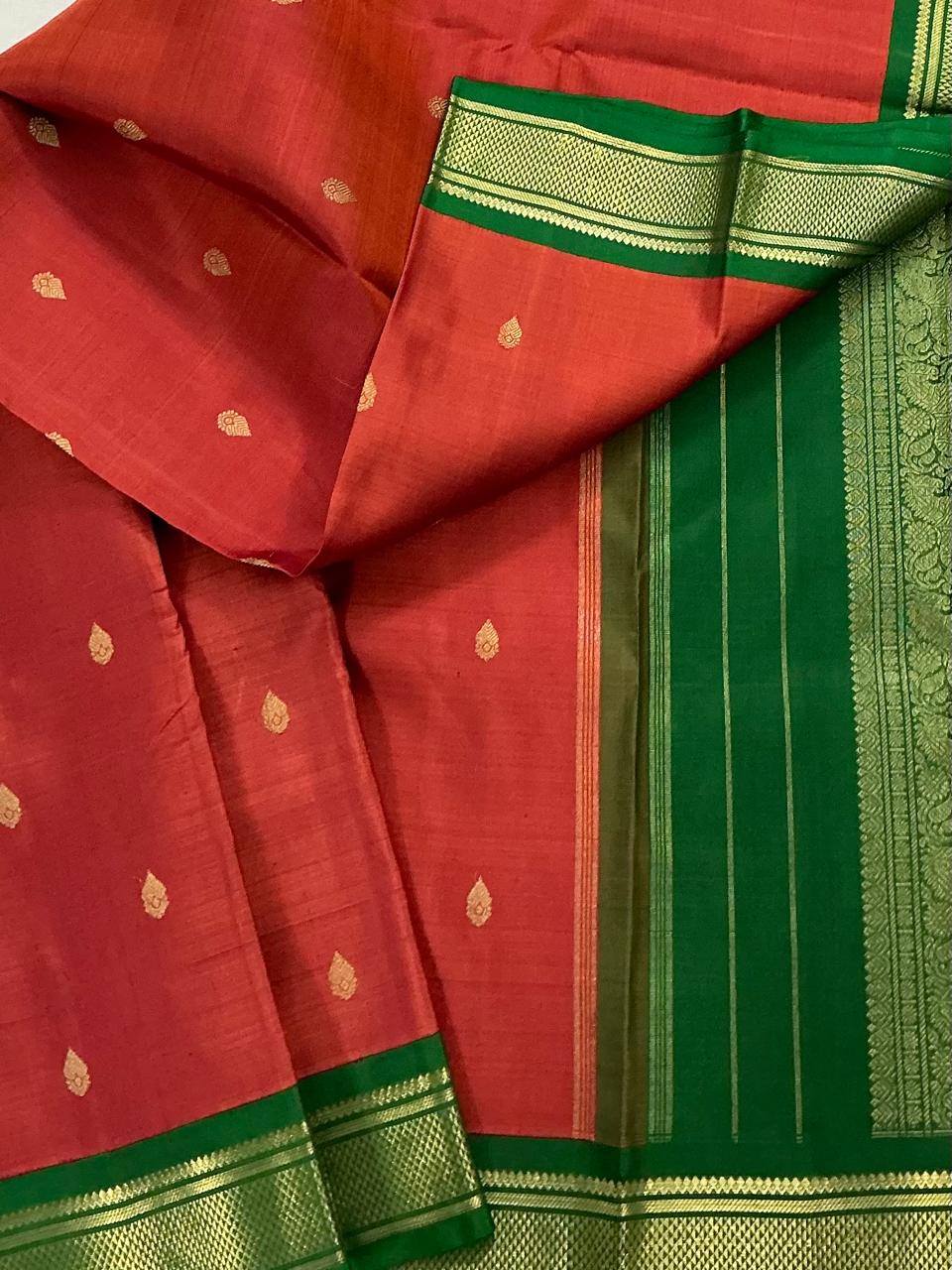 MAATHEY: Small border Kanjivaram Silk (Brick Rust + Green)
