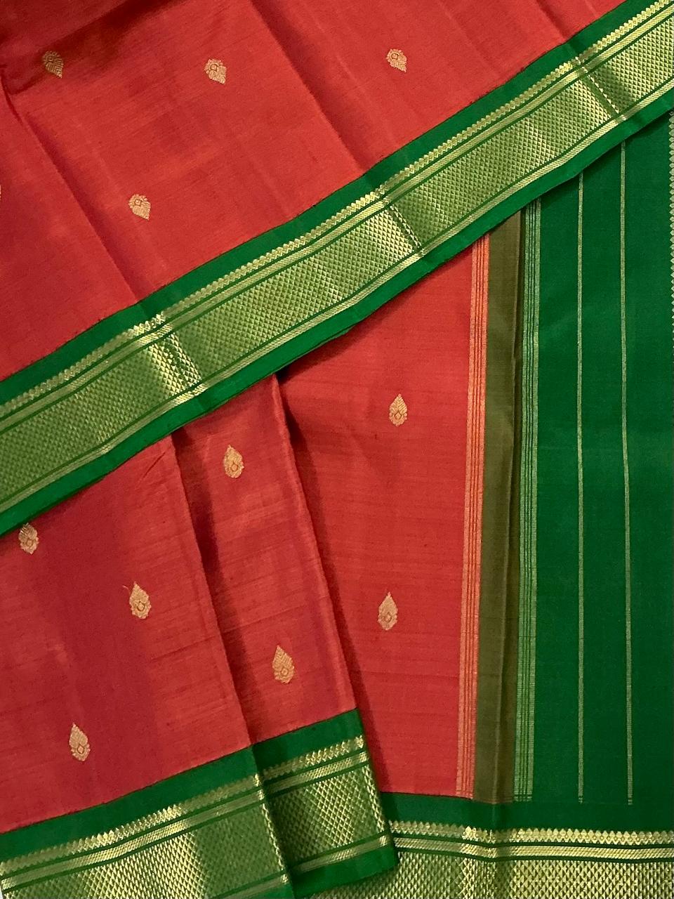 MAATHEY: Small border Kanjivaram Silk (Brick Rust + Green)