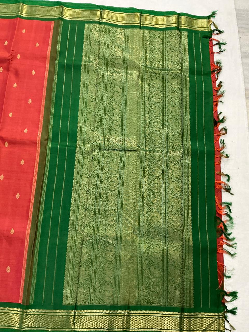 MAATHEY: Small border Kanjivaram Silk (Brick Rust + Green)