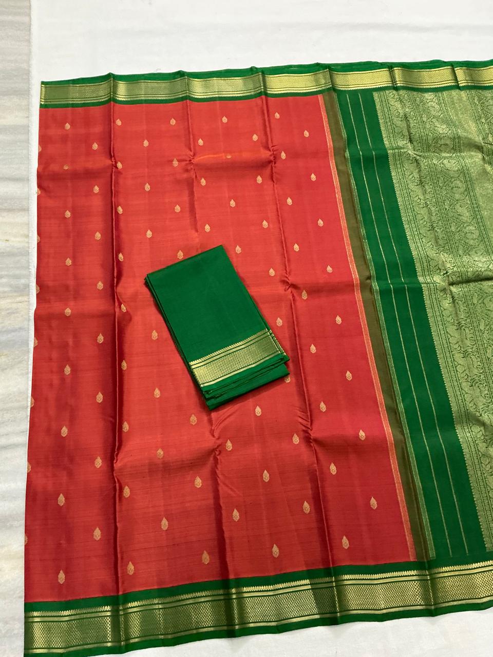 MAATHEY: Small border Kanjivaram Silk (Brick Rust + Green)