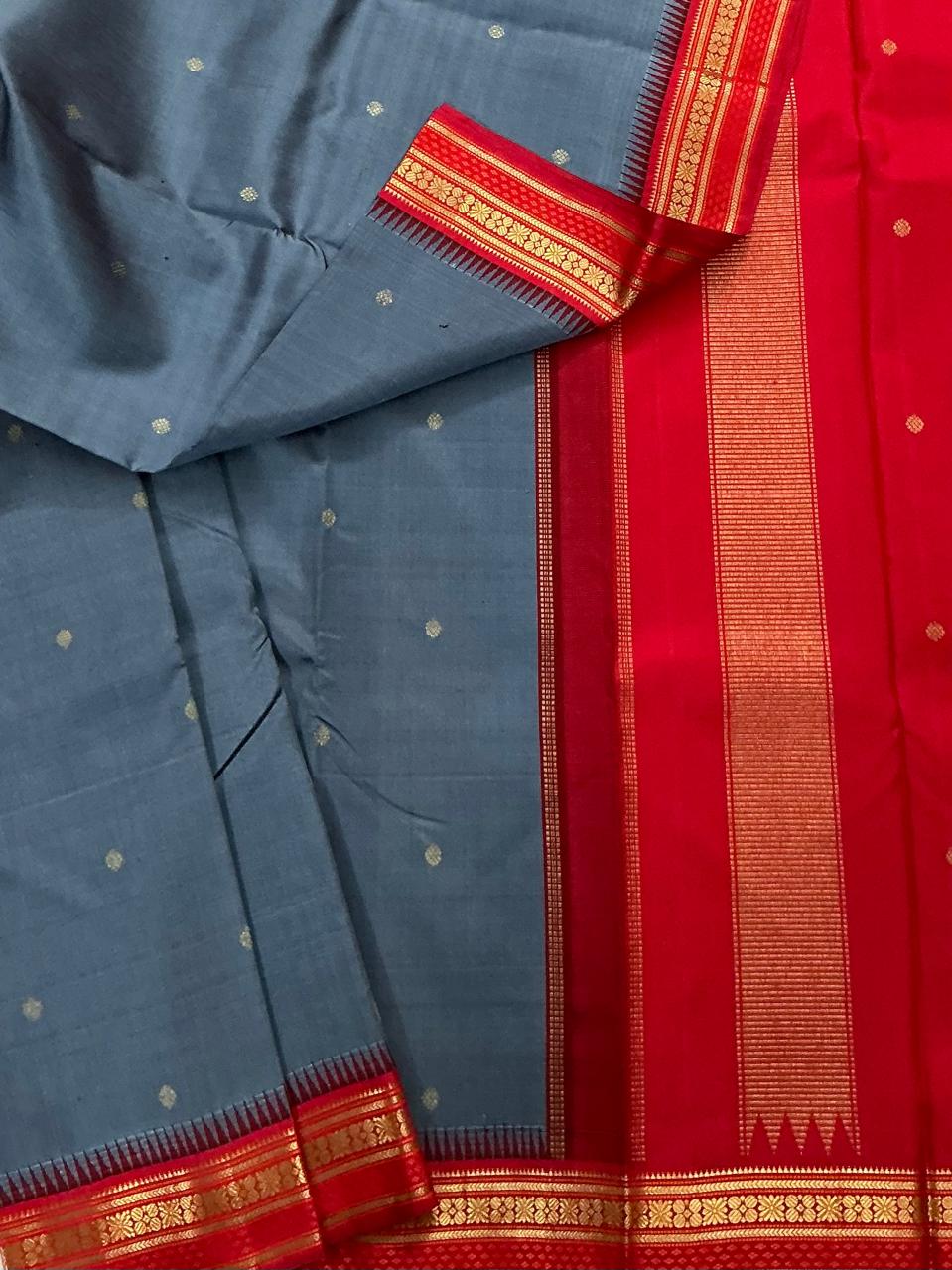 MAATHEY: Small border Kanjivaram Silk (Slate Grey + Red)