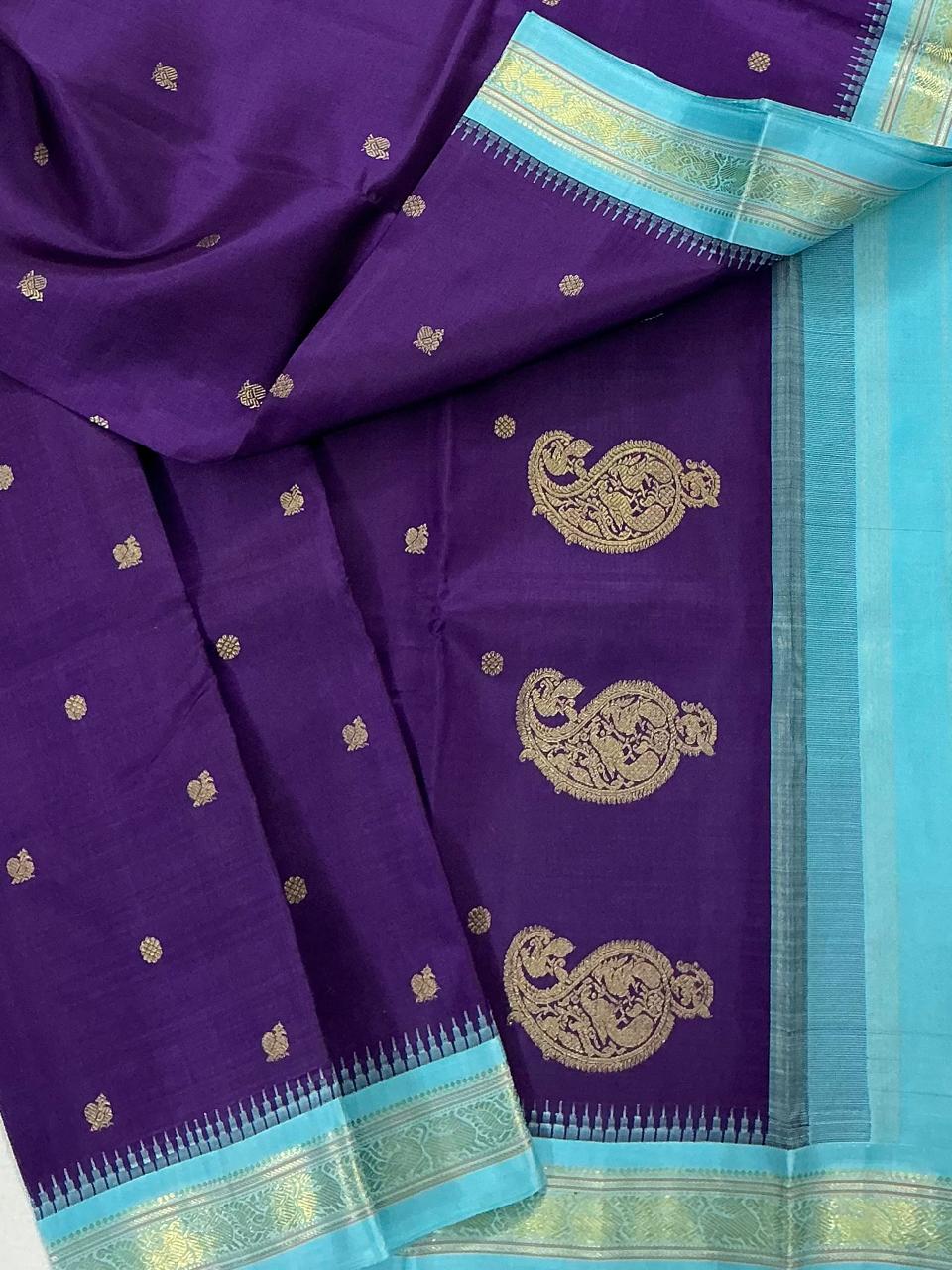 MAATHEY: Small border Kanjivaram Silk (Eggplant + Sky Blue)