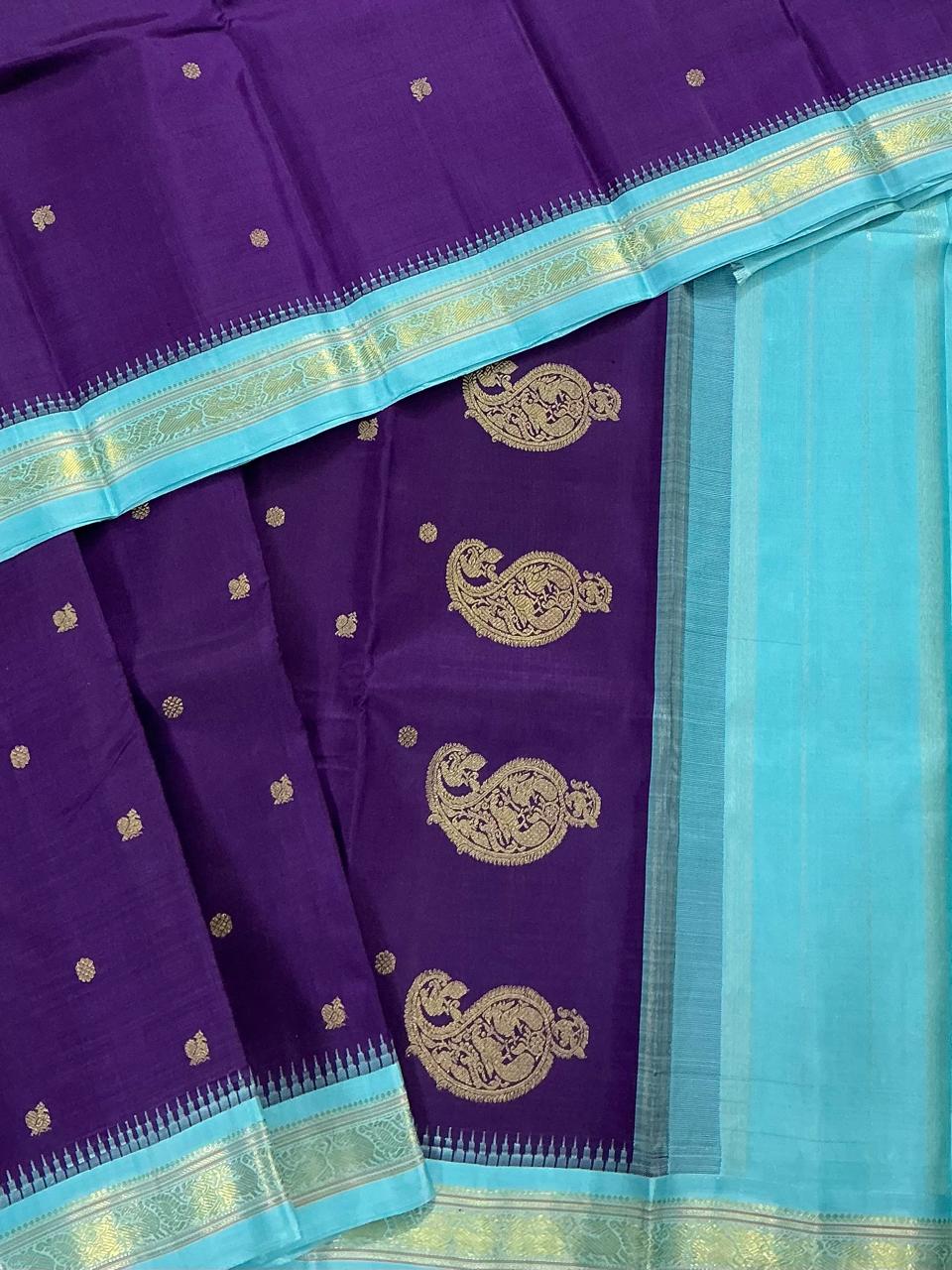 MAATHEY: Small border Kanjivaram Silk (Eggplant + Sky Blue)