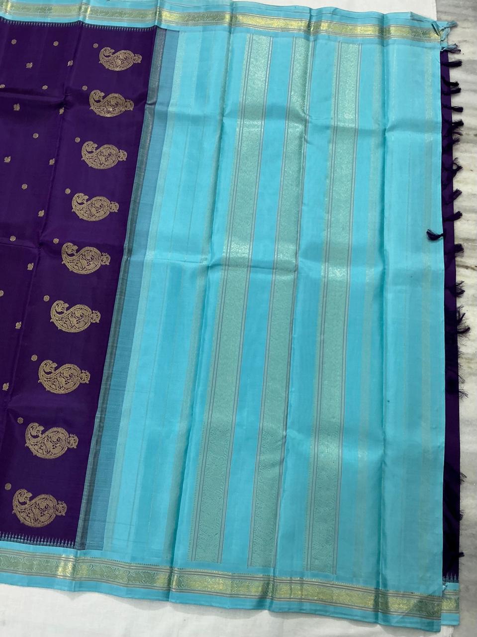 MAATHEY: Small border Kanjivaram Silk (Eggplant + Sky Blue)