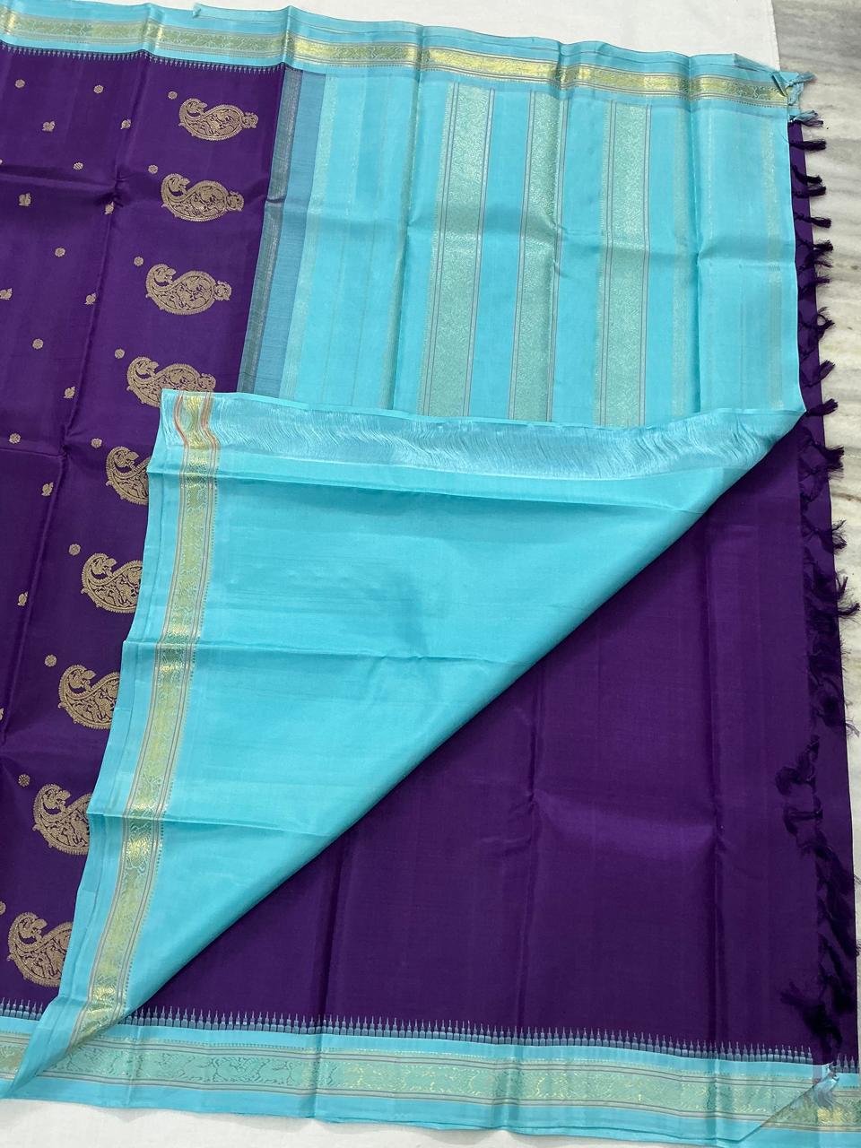 MAATHEY: Small border Kanjivaram Silk (Eggplant + Sky Blue)