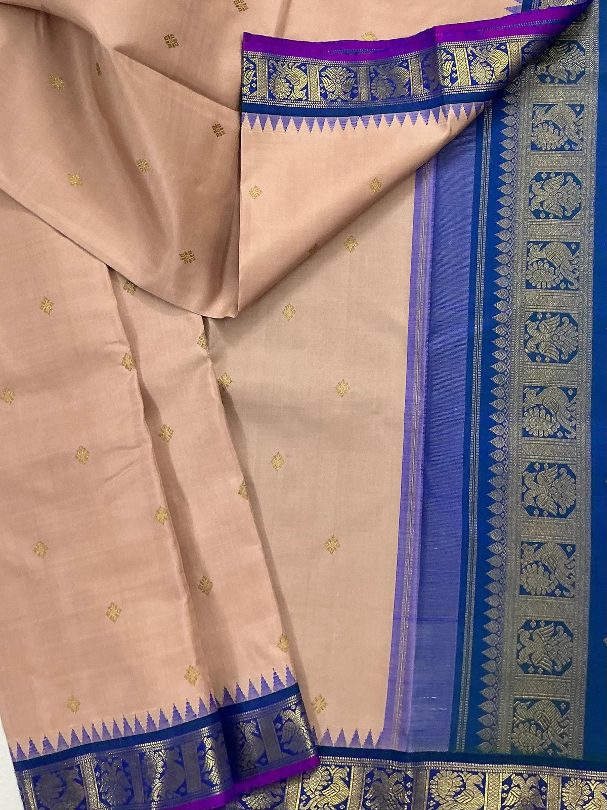 MAATHEY: Small border Kanjivaram Silk (Dusty pink &amp; Peacock Blue)