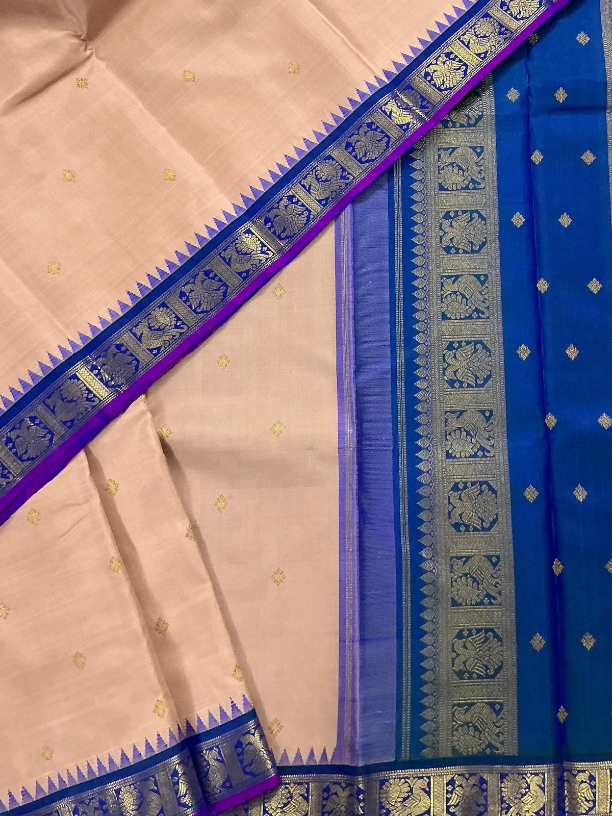 MAATHEY: Small border Kanjivaram Silk (Dusty pink &amp; Peacock Blue)