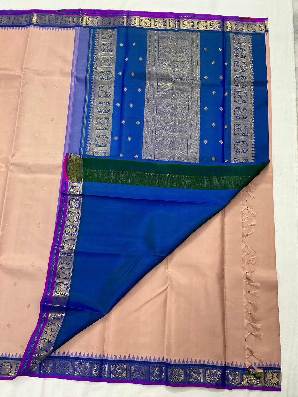 MAATHEY: Small border Kanjivaram Silk (Dusty pink &amp; Peacock Blue)