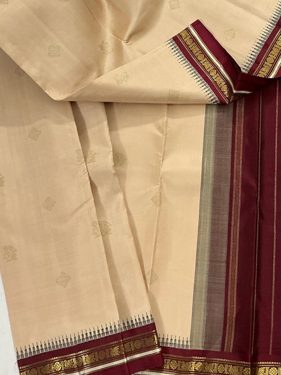 MAATHEY: Small border Kanjivaram Silk (Golden Biscuit &amp; Red Arakku)