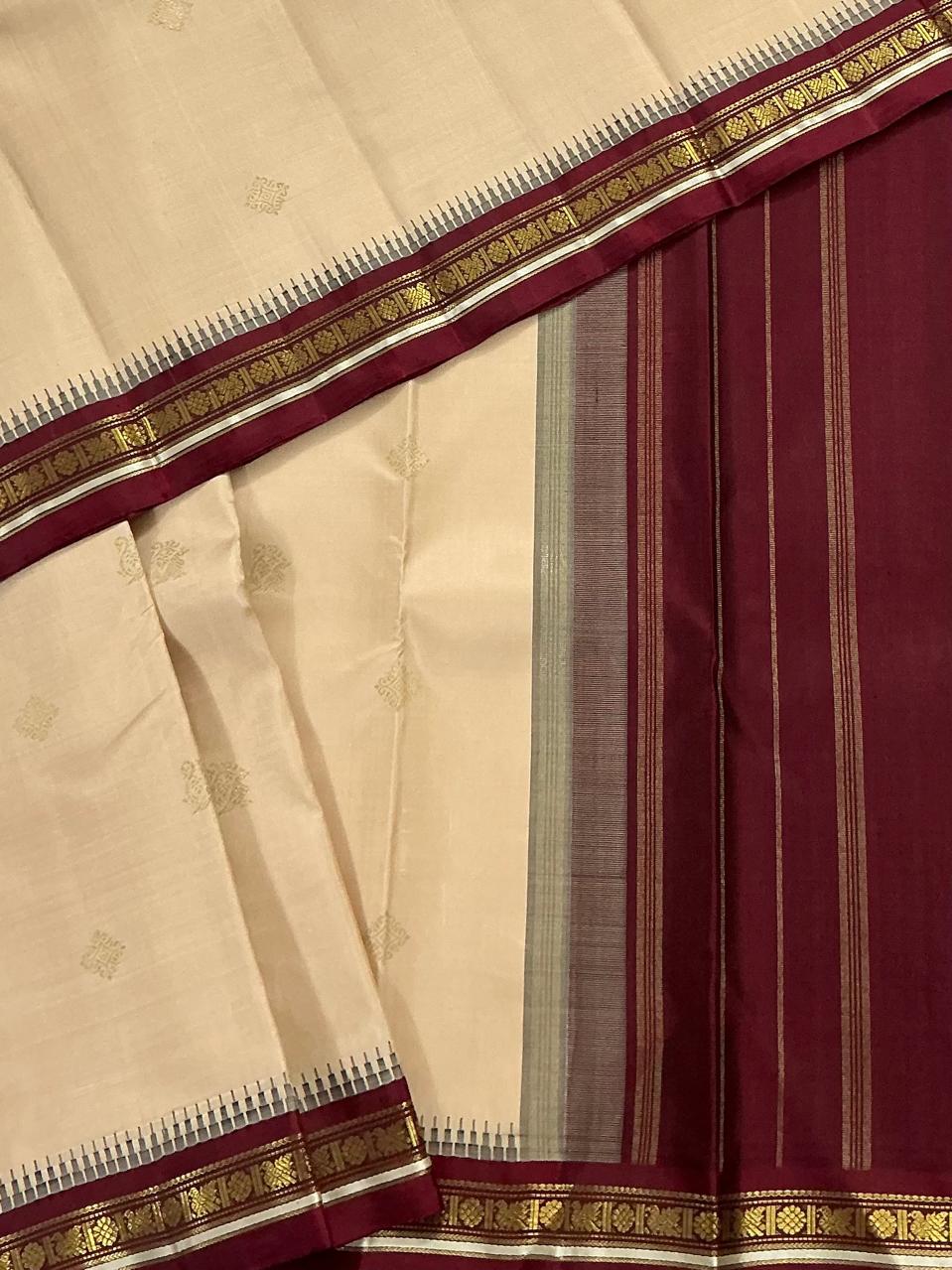MAATHEY: Small border Kanjivaram Silk (Golden Biscuit &amp; Red Arakku)