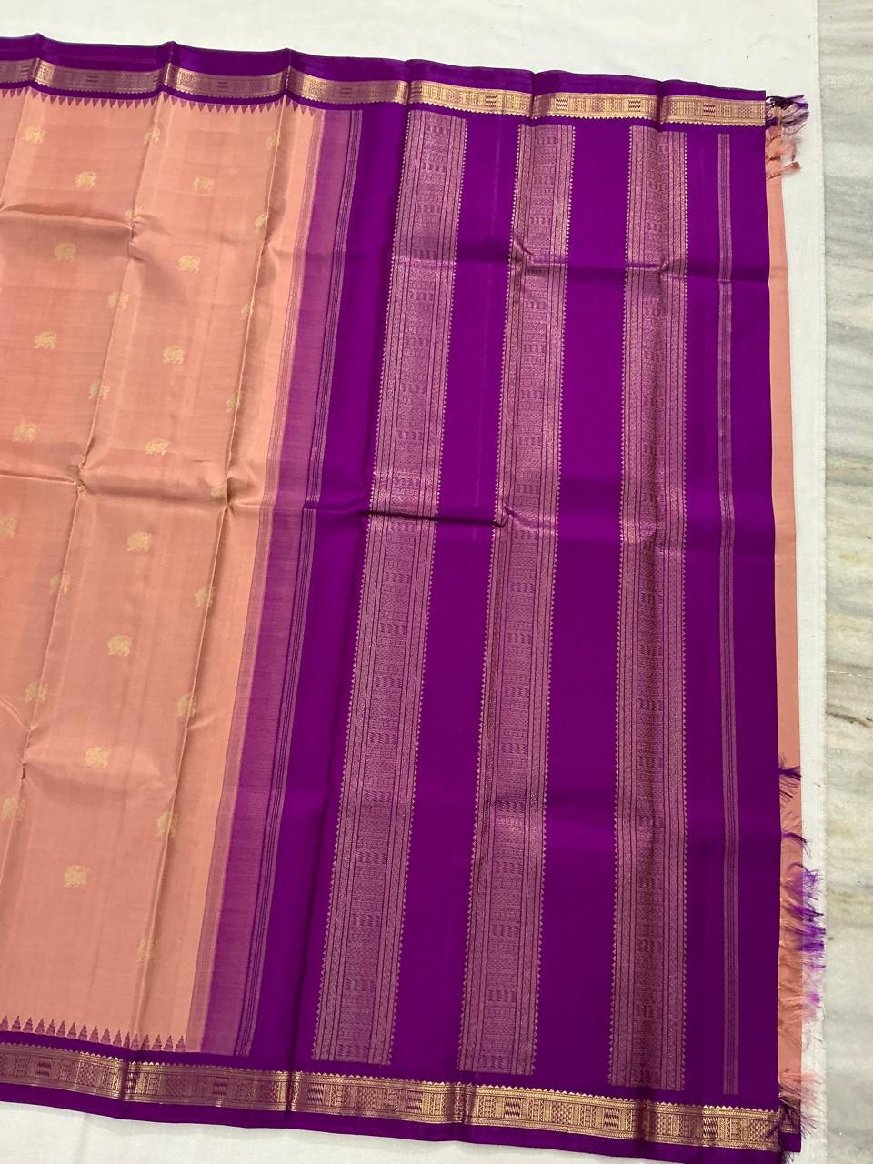 MAATHEY: Small border Kanjivaram Silk (Coral mixed Pink + Purple)