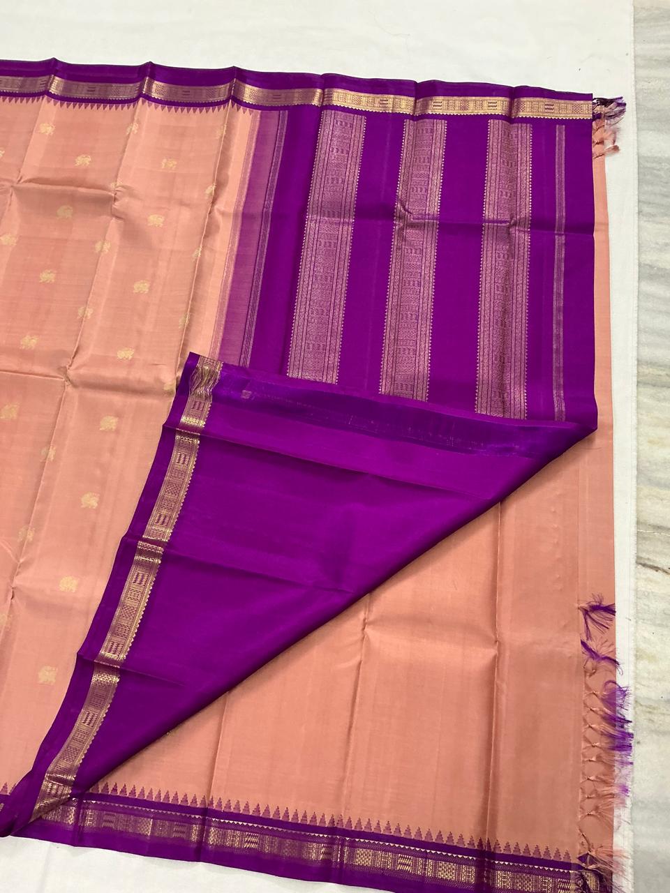 MAATHEY: Small border Kanjivaram Silk (Coral mixed Pink + Purple)