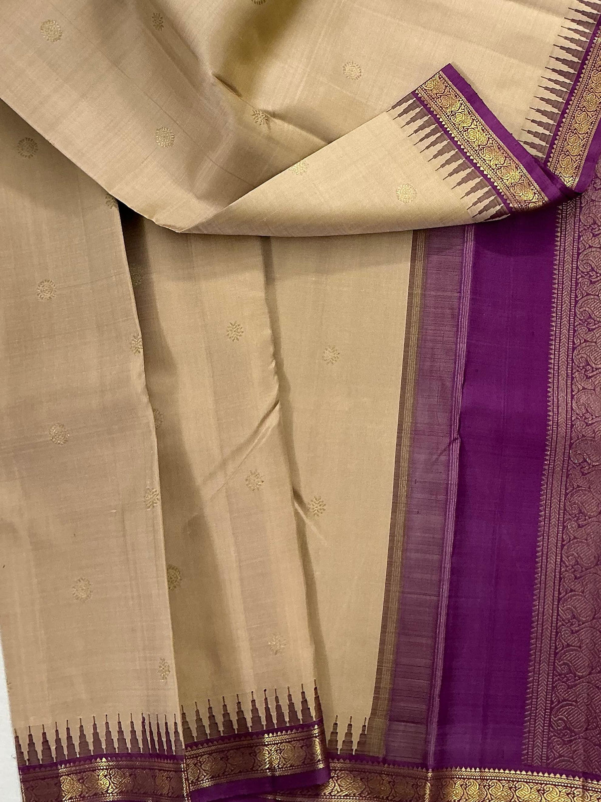MAATHEY: Small border Kanjivaram Silk (Golden Ivory &amp; Pink Purple)