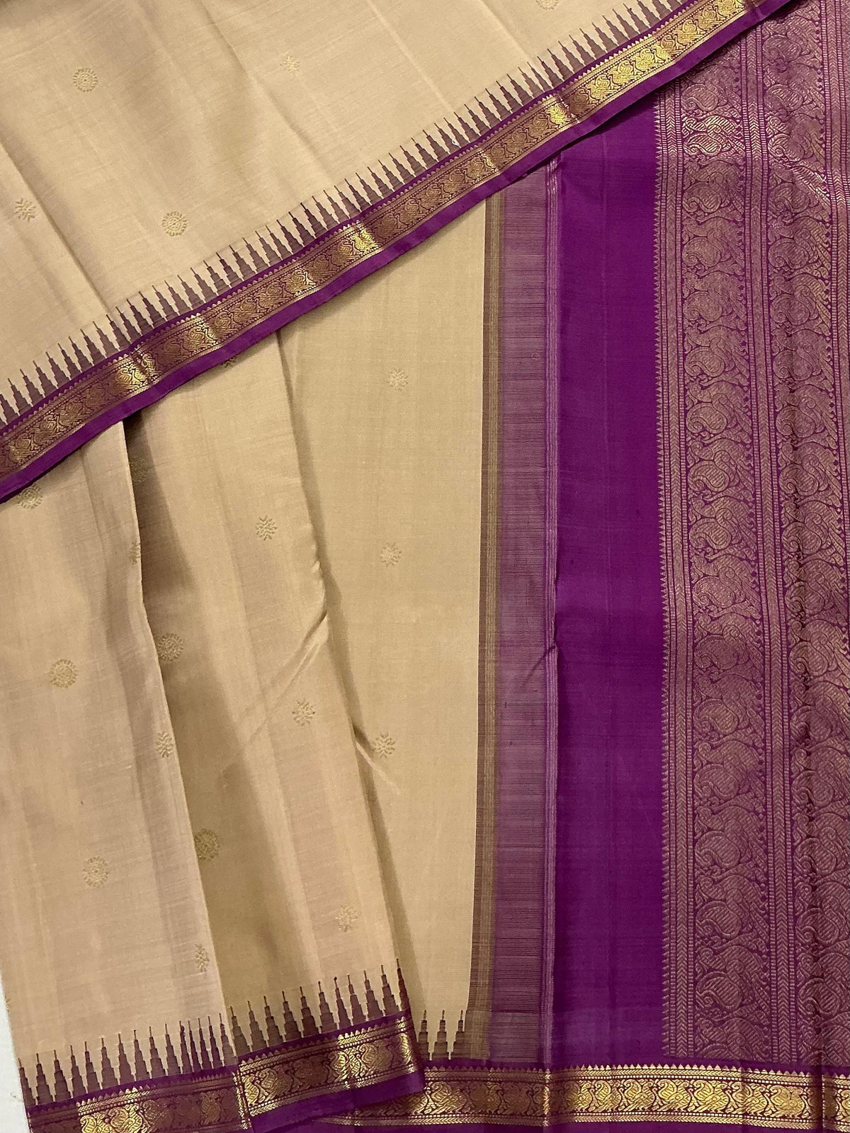 MAATHEY: Small border Kanjivaram Silk (Golden Ivory &amp; Pink Purple)