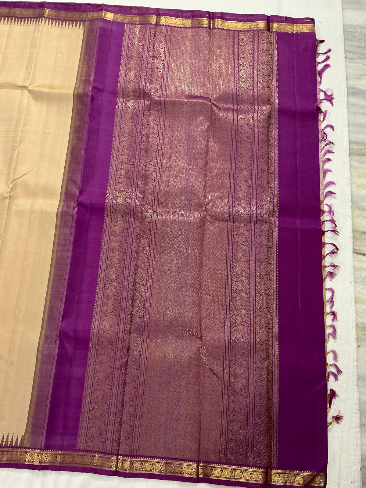 MAATHEY: Small border Kanjivaram Silk (Golden Ivory &amp; Pink Purple)