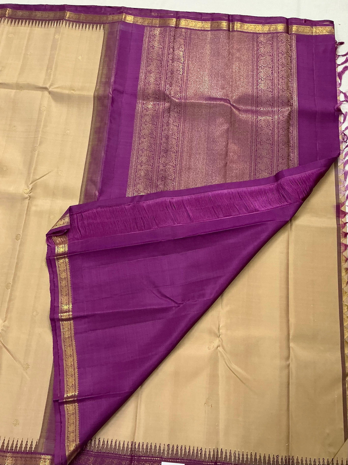 MAATHEY: Small border Kanjivaram Silk (Golden Ivory &amp; Pink Purple)