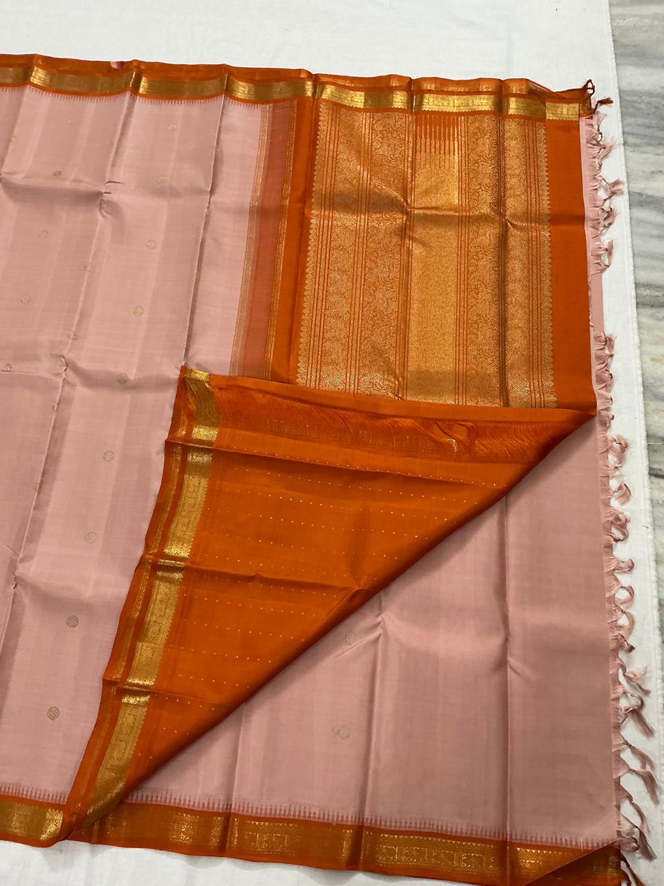 MAATHEY: Small border Kanjivaram Silk (Coral Peach &amp; Rust)