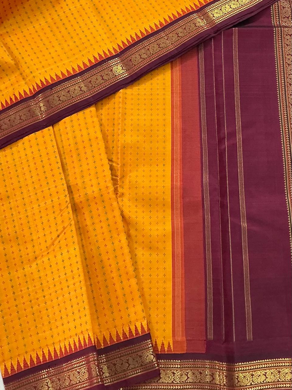 MAATHEY: Plus Butta in Korvai (Mustard and Maroon)
