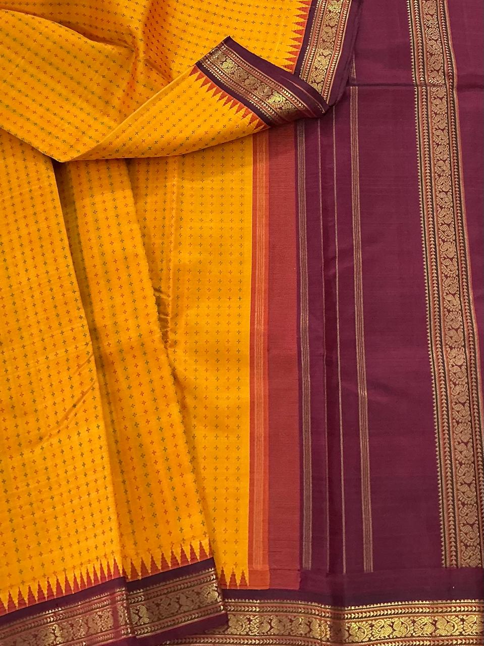 MAATHEY: Plus Butta in Korvai (Mustard and Maroon)