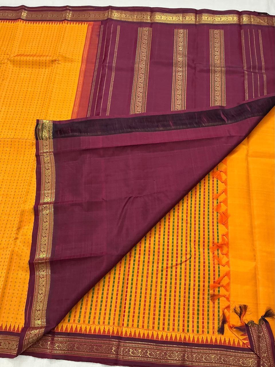 MAATHEY: Plus Butta in Korvai (Mustard and Maroon)