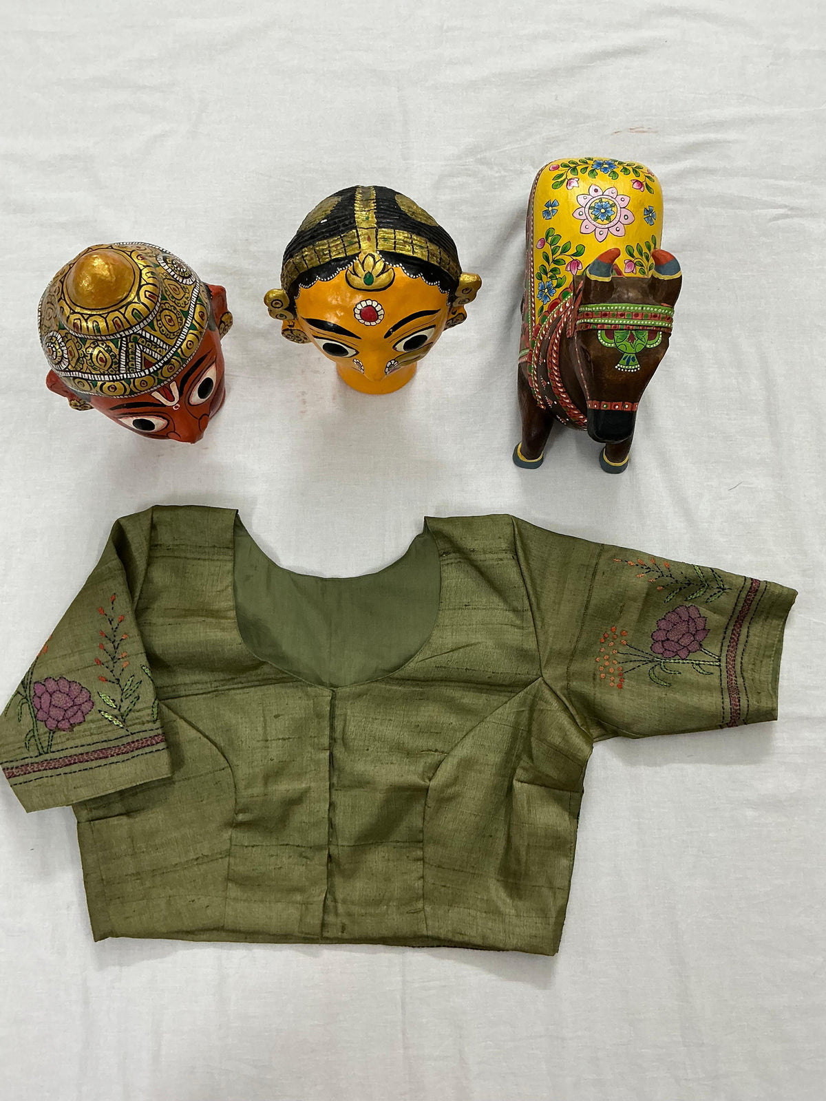 Handcrafted Ready to Wear Blouse : Kantha on tussar (Moss Green)
