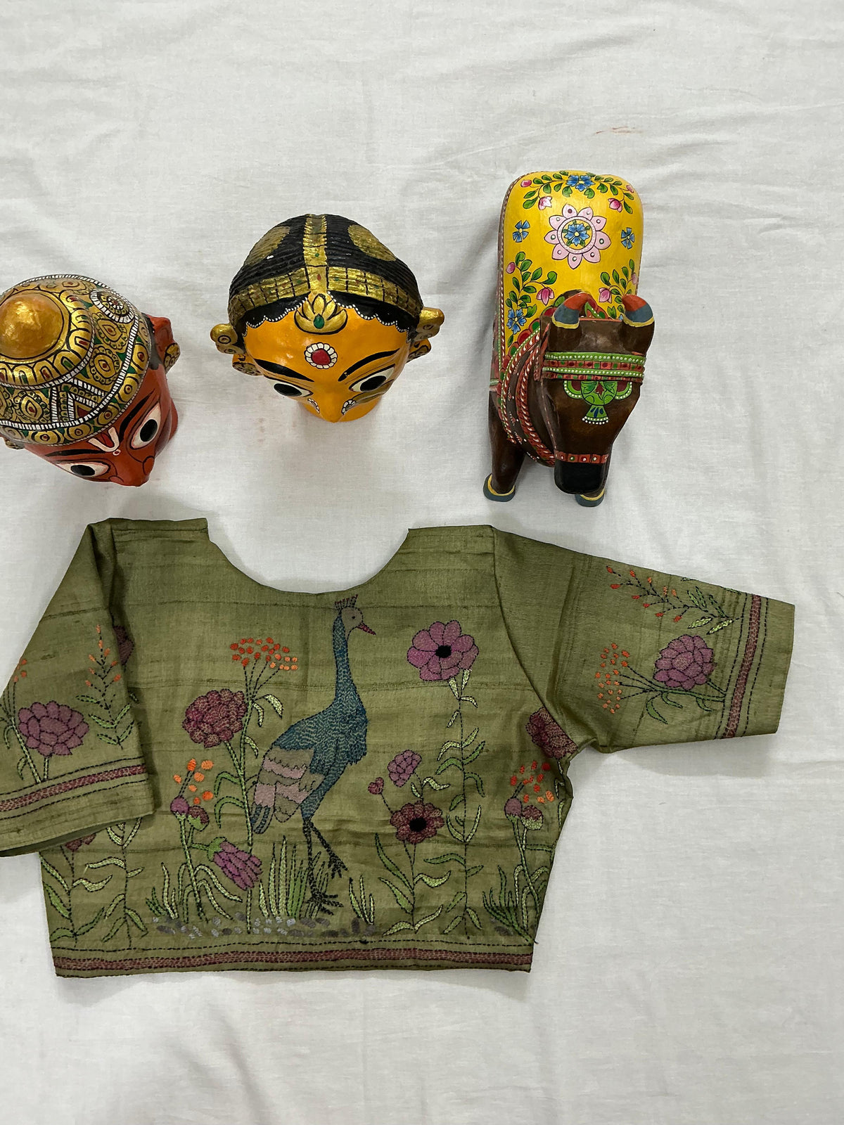 Handcrafted Ready to Wear Blouse : Kantha on tussar (Moss Green)