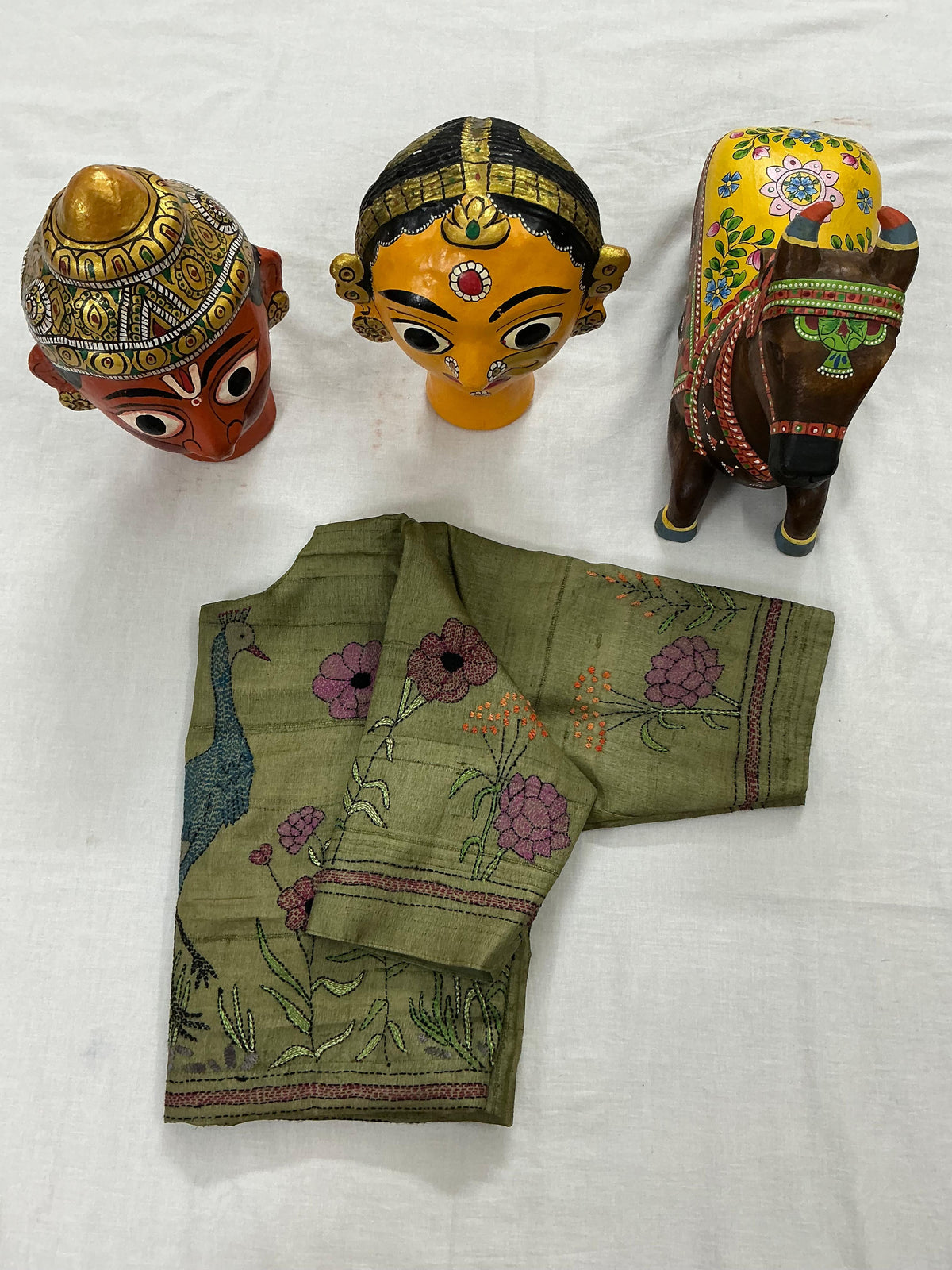 Handcrafted Ready to Wear Blouse : Kantha on tussar (Moss Green)