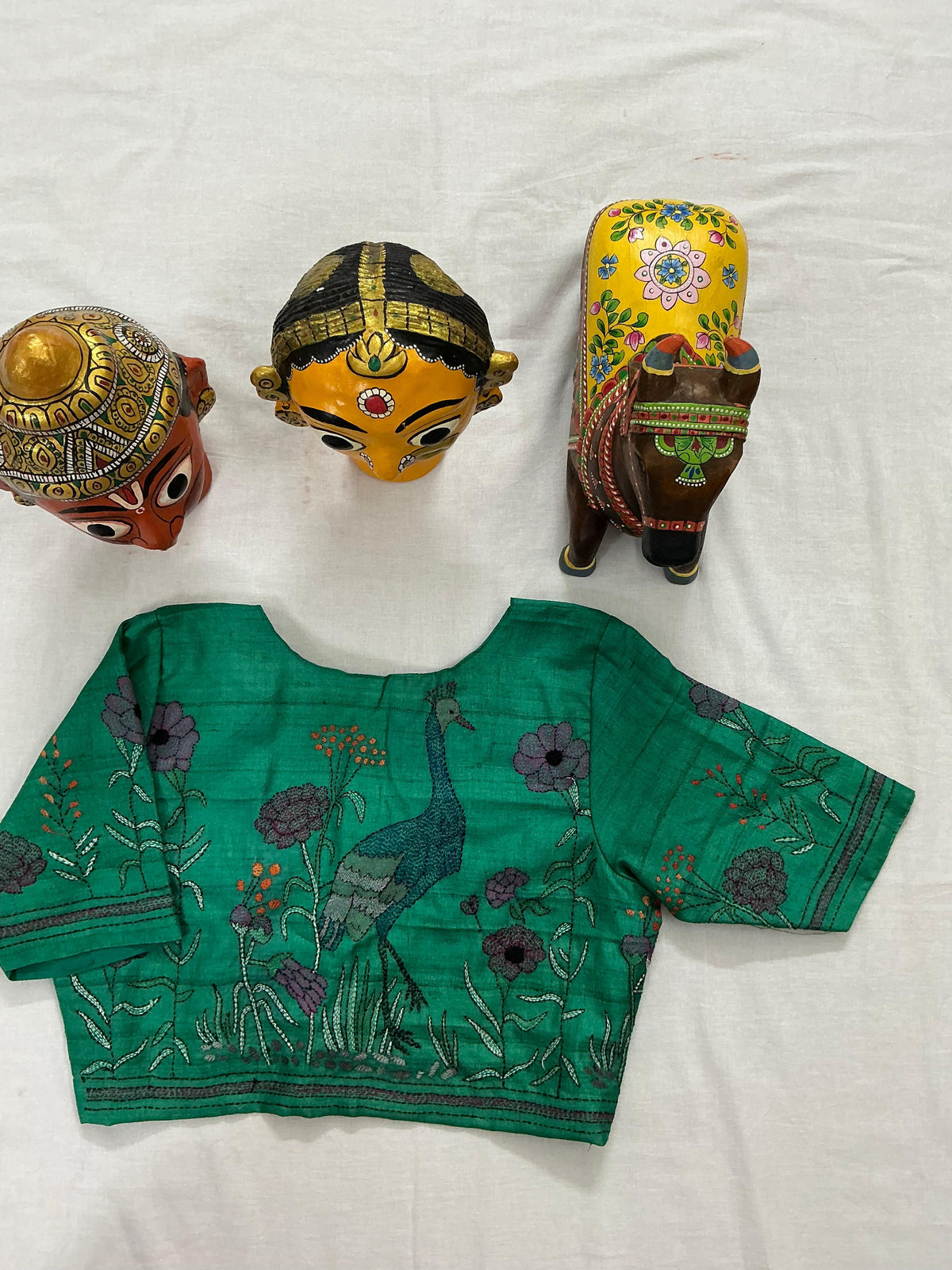 Handcrafted Ready to Wear Blouse : Kantha on tussar (Jade Green)
