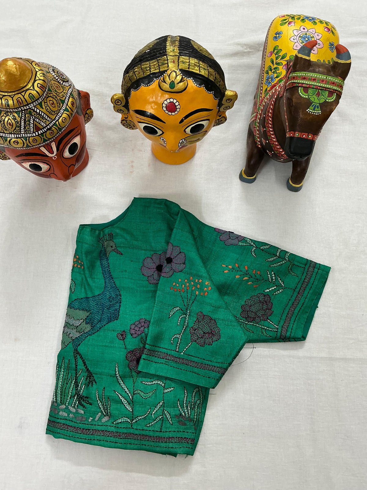 Handcrafted Ready to Wear Blouse : Kantha on tussar (Jade Green)