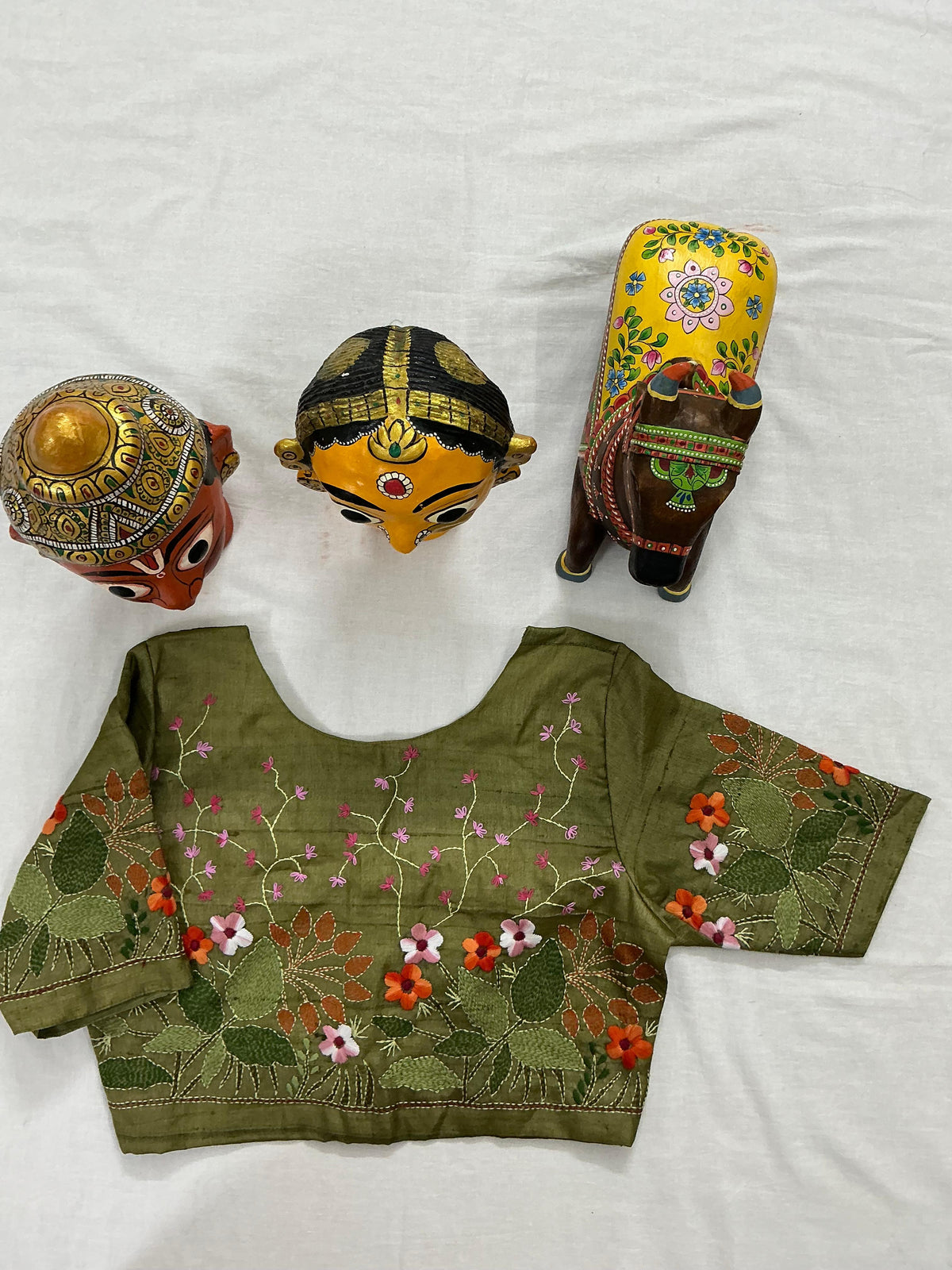 Handcrafted Ready to Wear Blouse : Kantha on tussar (Olive Green)