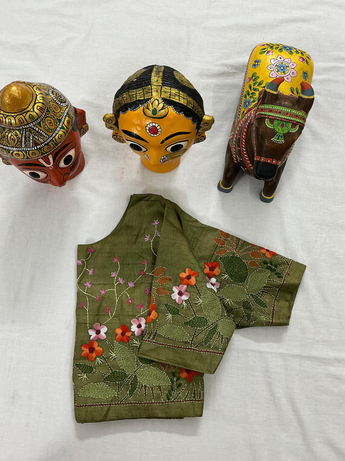 Handcrafted Ready to Wear Blouse : Kantha on tussar (Olive Green)