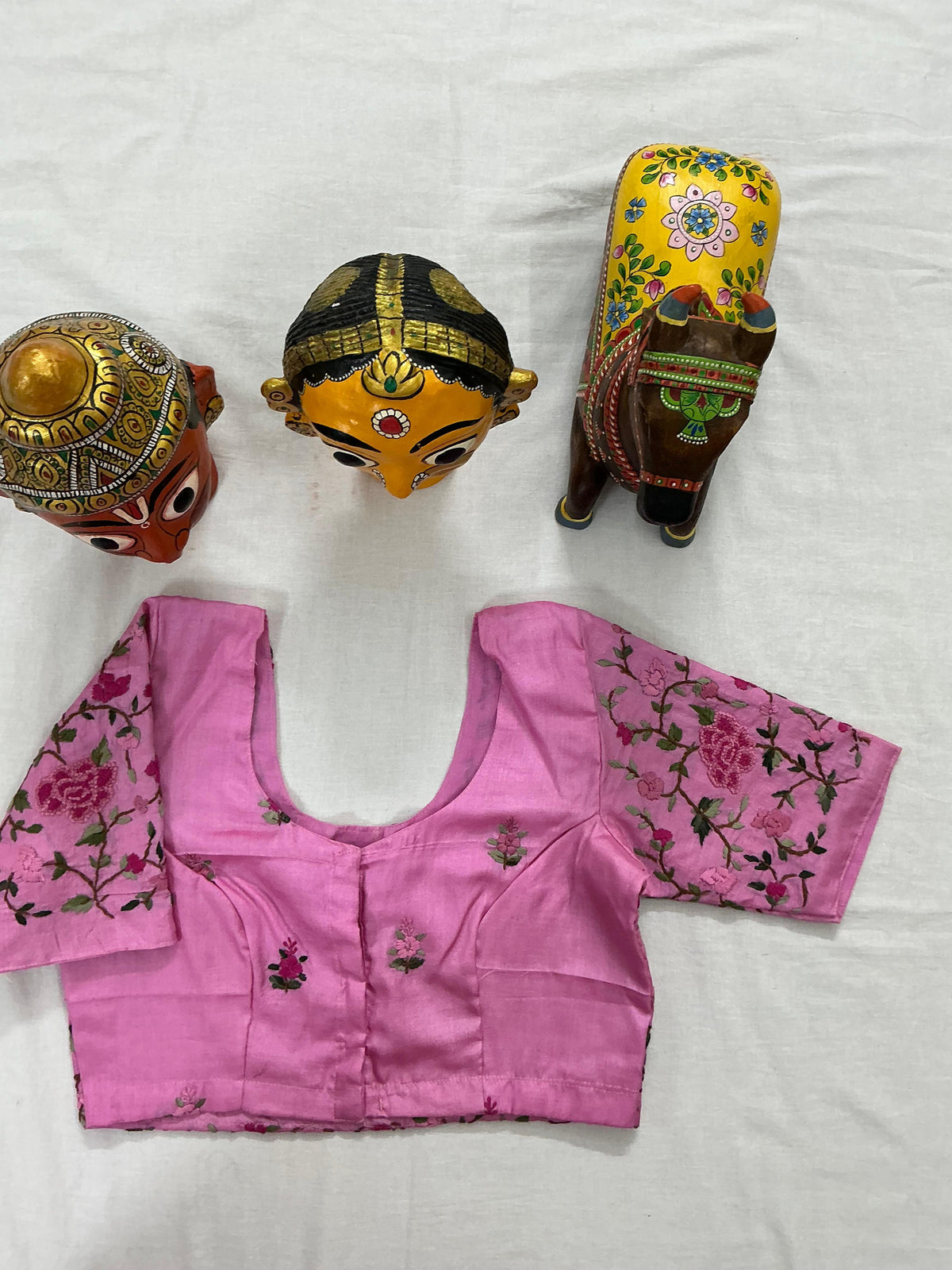 Handcrafted Ready to Wear Blouse : Kantha on tussar (Rose Pink)