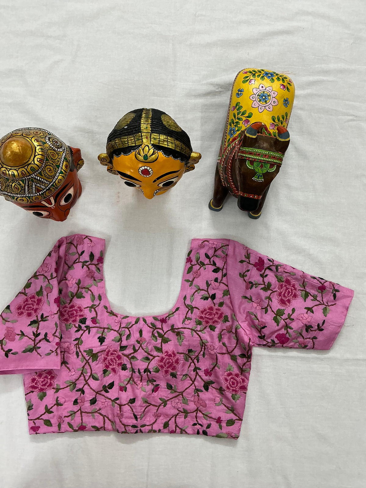 Handcrafted Ready to Wear Blouse : Kantha on tussar (Rose Pink)