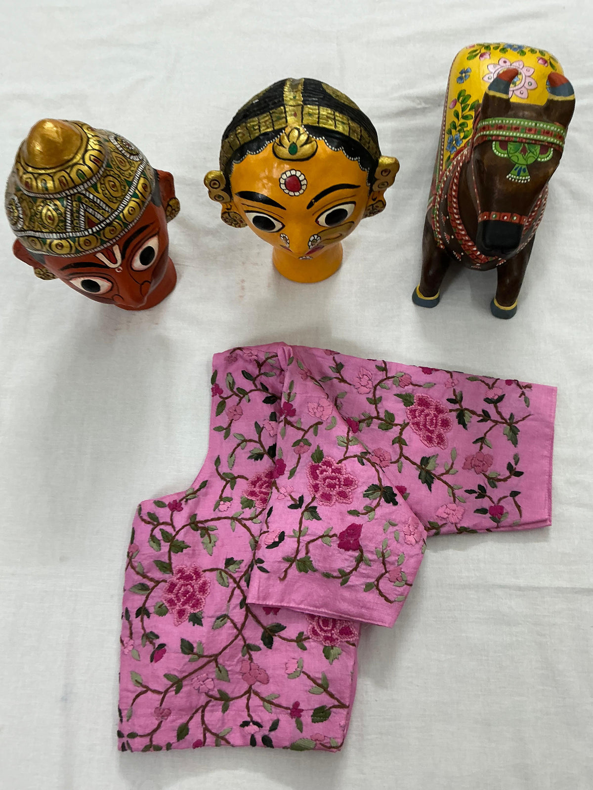 Handcrafted Ready to Wear Blouse : Kantha on tussar (Rose Pink)