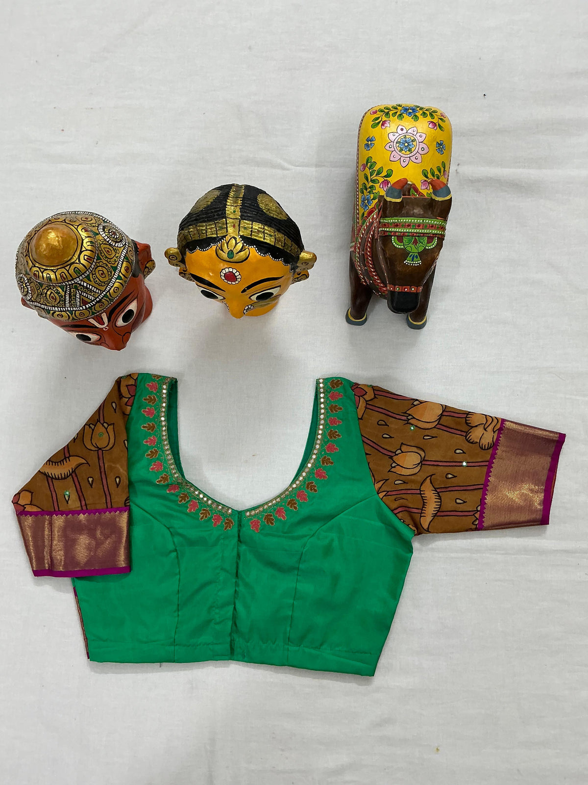 Handcrafted Ready to Wear Blouse : Kanjivaram &amp; Kalamkari (Rama Green)