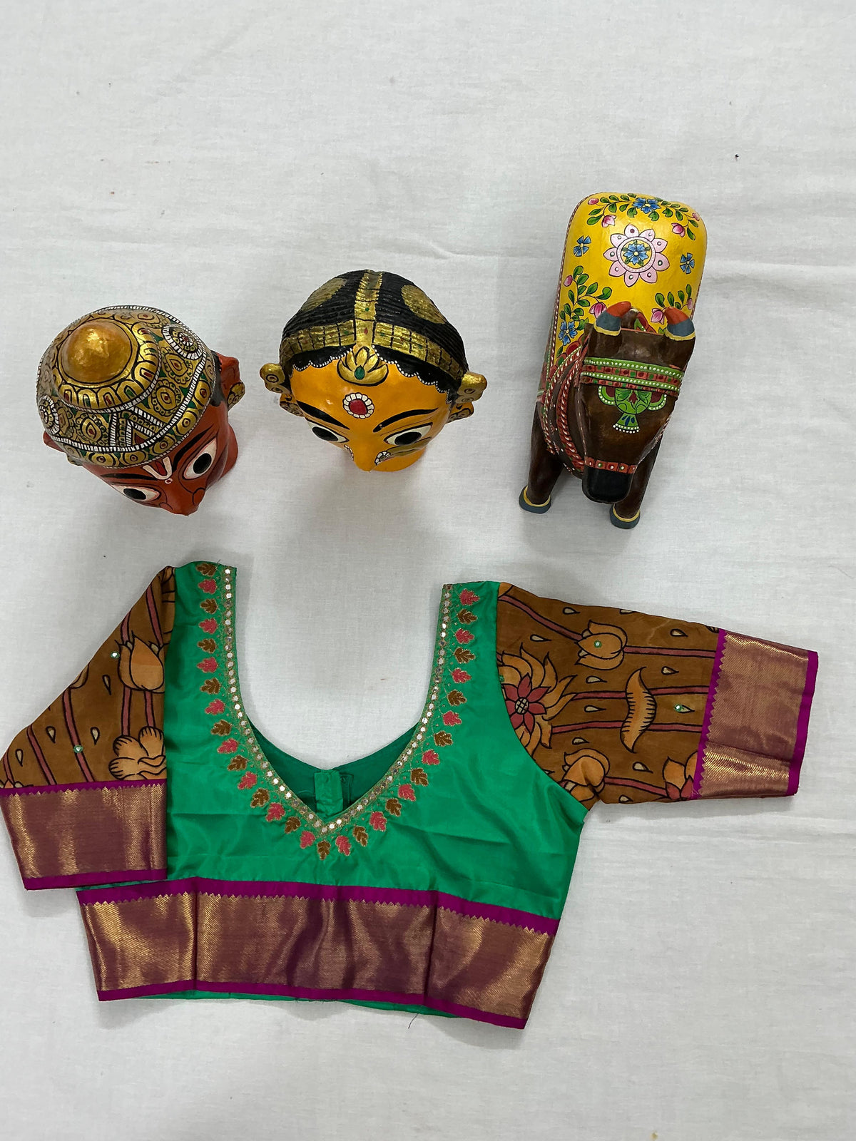 Handcrafted Ready to Wear Blouse : Kanjivaram &amp; Kalamkari (Rama Green)