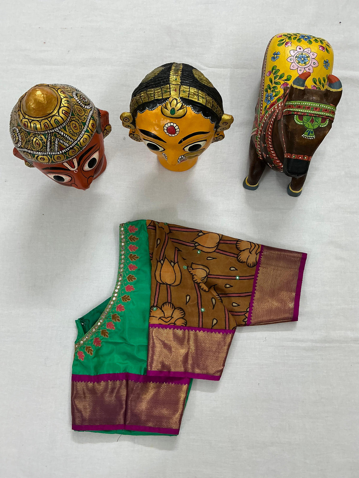 Handcrafted Ready to Wear Blouse : Kanjivaram &amp; Kalamkari (Rama Green)