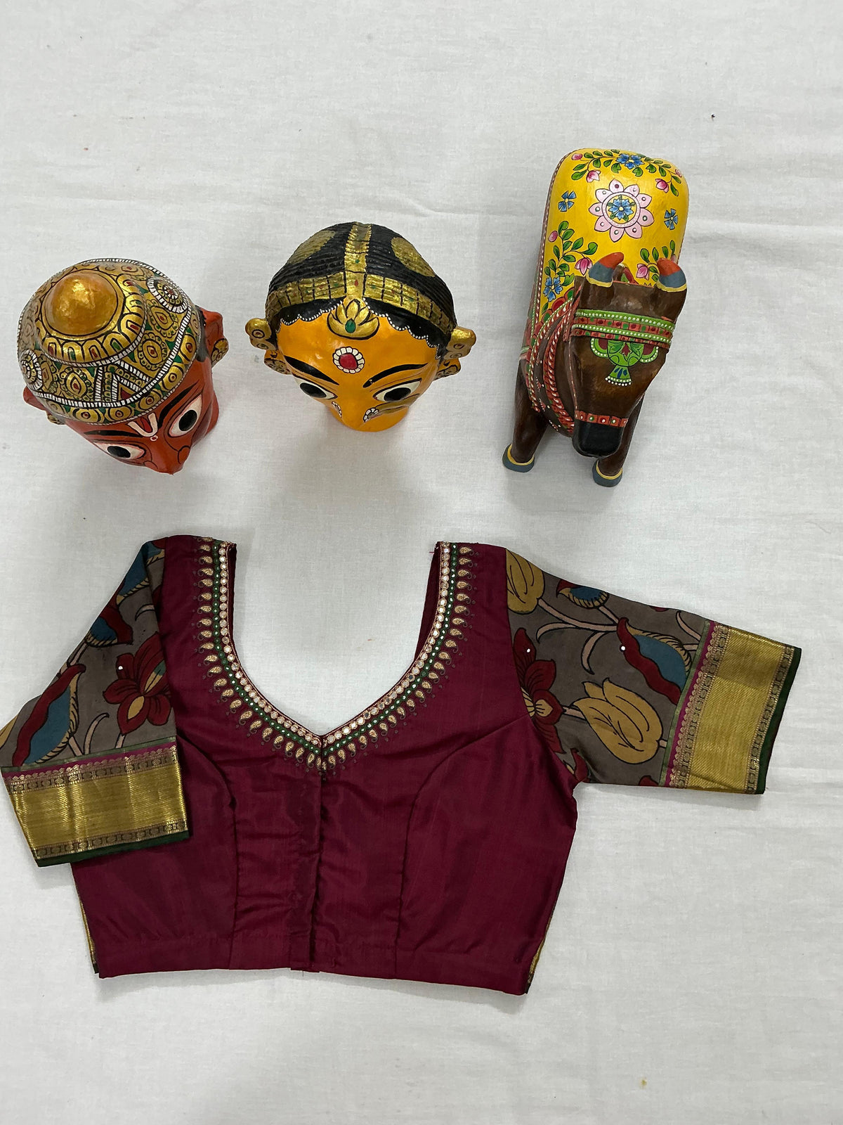 Handcrafted Ready to Wear Blouse : Kanjivaram &amp; Kalamkari (Dark Maroon)