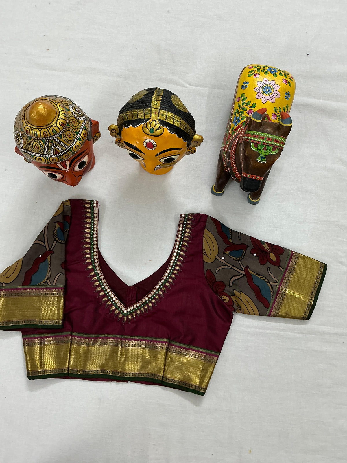 Handcrafted Ready to Wear Blouse : Kanjivaram &amp; Kalamkari (Dark Maroon)