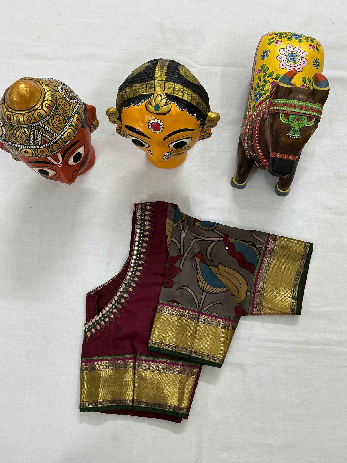 Handcrafted Ready to Wear Blouse : Kanjivaram &amp; Kalamkari (Dark Maroon)