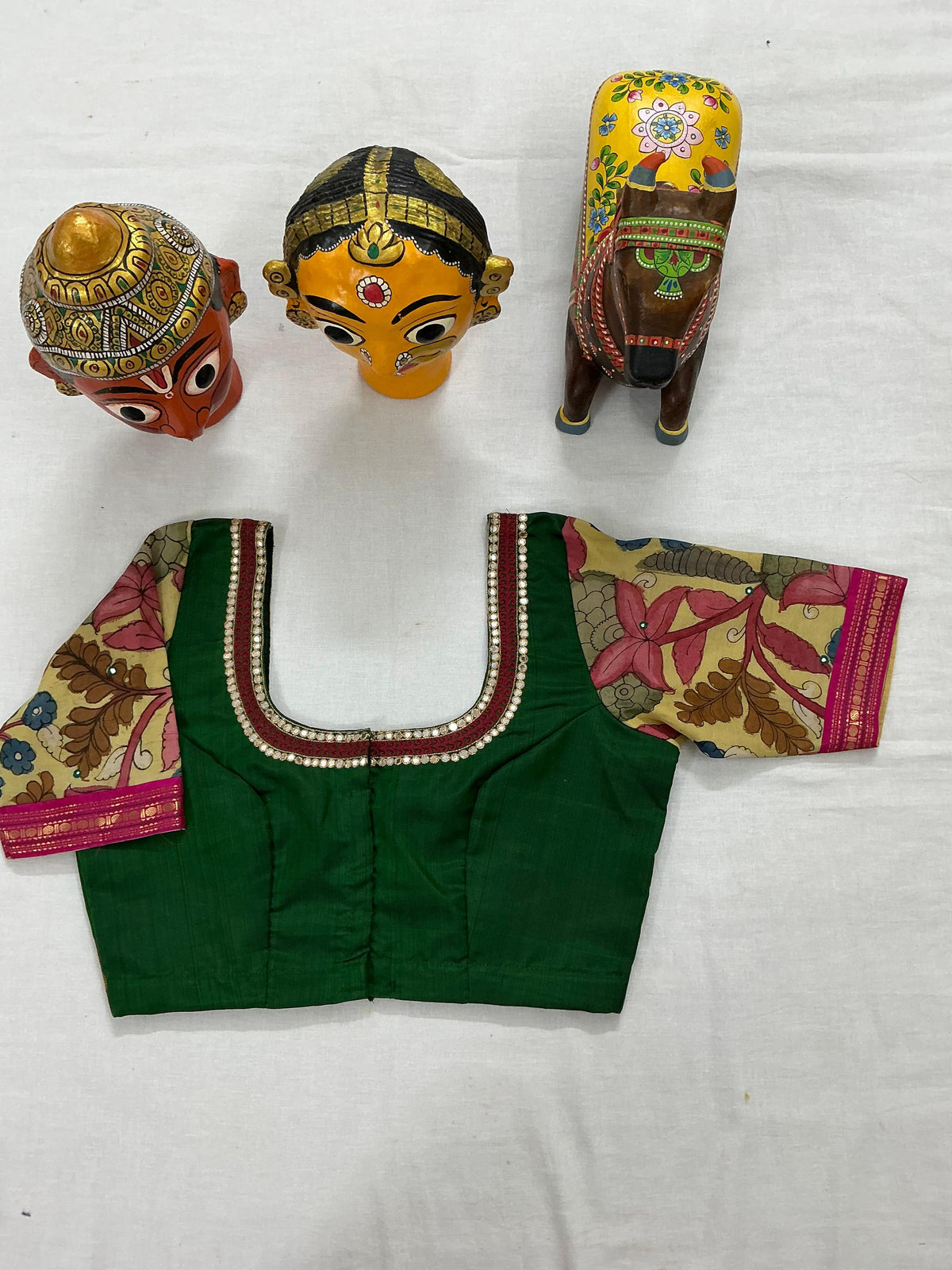 Handcrafted Ready to Wear Blouse : Kanjivaram &amp; Kalamkari (Dark Green)