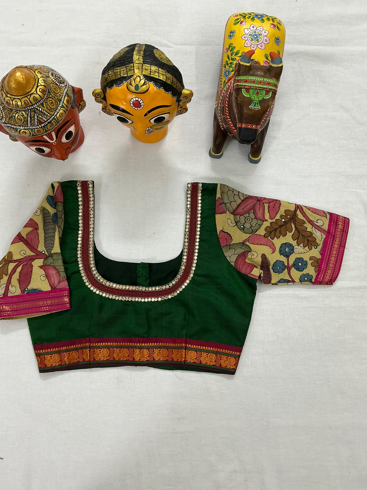 Handcrafted Ready to Wear Blouse : Kanjivaram &amp; Kalamkari (Dark Green)